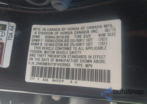 2015 Honda Cr-V Exl from USA, damaged, VIN 2HKRM3H73FH539965